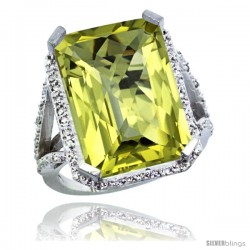 Sterling Silver Diamond Natural Lemon Quartz Ring 14.96 ct Emerald Shape 18x13 Stone 13/16 in wide