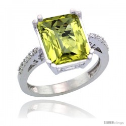 Sterling Silver Diamond Natural Lemon Quartz Ring 5.83 ct Emerald Shape 12x10 Stone 1/2 in wide