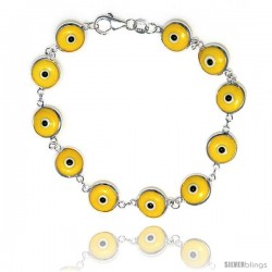 Sterling Silver Yellow Color Evil Eye Bracelet, 7 in long