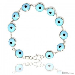 Sterling Silver Sky Blue Color Evil Eye Bracelet, 7 in long