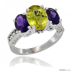 14K White Gold Ladies 3-Stone Oval Natural Lemon Quartz Ring with Amethyst Sides Diamond Accent