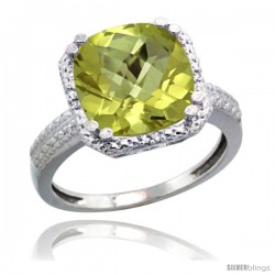 Sterling Silver Diamond Natural Lemon Quartz Ring 5.94 ct Checkerboard Cushion 11 mm Stone 1/2 in wide