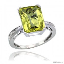 Sterling Silver Diamond Natural Lemon Quartz Ring 5.83 ct Emerald Shape 12x10 Stone 1/2 in wide -Style Cwg27149