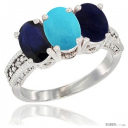 10K White Gold Natural Blue Sapphire, Turquoise & Lapis Ring 3-Stone Oval 7x5 mm Diamond Accent