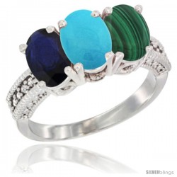 10K White Gold Natural Blue Sapphire, Turquoise & Malachite Ring 3-Stone Oval 7x5 mm Diamond Accent