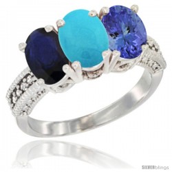 10K White Gold Natural Blue Sapphire, Turquoise & Tanzanite Ring 3-Stone Oval 7x5 mm Diamond Accent