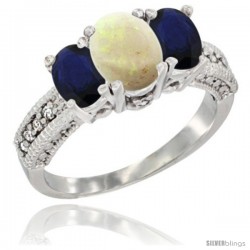 10K White Gold Ladies Oval Natural Opal 3-Stone Ring with Blue Sapphire Sides Diamond Accent