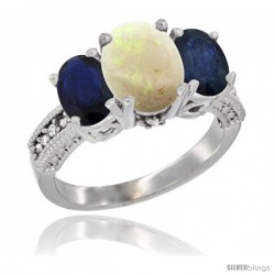 10K White Gold Ladies Natural Opal Oval 3 Stone Ring with Blue Sapphire Sides Diamond Accent
