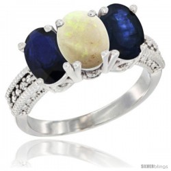 10K White Gold Natural Opal & Blue Sapphire Ring 3-Stone Oval 7x5 mm Diamond Accent