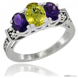 14K White Gold Natural Lemon Quartz & Amethyst Ring 3-Stone Oval with Diamond Accent