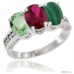 14K White Gold Natural Green Amethyst, Ruby & Malachite Ring 3-Stone 7x5 mm Oval Diamond Accent