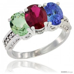 14K White Gold Natural Green Amethyst, Ruby & Tanzanite Ring 3-Stone 7x5 mm Oval Diamond Accent