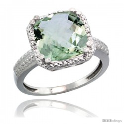 14k White Gold Diamond Green-Amethyst Ring 5.94 ct Checkerboard Cushion 11 mm Stone 1/2 in wide