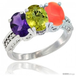 14K White Gold Natural Amethyst, Lemon Quartz & Coral Ring 3-Stone 7x5 mm Oval Diamond Accent