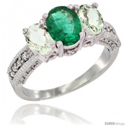 14k White Gold Ladies Oval Natural Emerald 3-Stone Ring with Green Amethyst Sides Diamond Accent