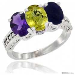 14K White Gold Natural Amethyst, Lemon Quartz & Lapis Ring 3-Stone 7x5 mm Oval Diamond Accent