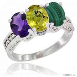 14K White Gold Natural Amethyst, Lemon Quartz & Malachite Ring 3-Stone 7x5 mm Oval Diamond Accent