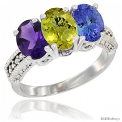 14K White Gold Natural Amethyst, Lemon Quartz & Tanzanite Ring 3-Stone 7x5 mm Oval Diamond Accent