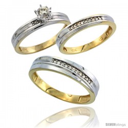 10k Yellow Gold Diamond Trio Wedding Ring Set His 5mm & Hers 3mm