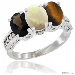 10K White Gold Natural Smoky Topaz, Opal & Tiger Eye Ring 3-Stone Oval 7x5 mm Diamond Accent