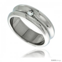 Surgical Steel Concaved 8mm Wedding Band Ring CZ Stone Polished Finish Rounded Edges