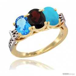 10K Yellow Gold Natural Swiss Blue Topaz, Garnet & Turquoise Ring 3-Stone Oval 7x5 mm Diamond Accent