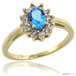 10k Yellow Gold Swiss Blue Topaz Diamond Halo Ring Oval Shape 1.2 Carat 6X4 mm, 1/2 in wide