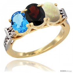 10K Yellow Gold Natural Swiss Blue Topaz, Garnet & Opal Ring 3-Stone Oval 7x5 mm Diamond Accent