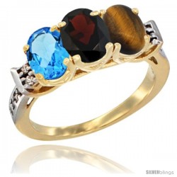 10K Yellow Gold Natural Swiss Blue Topaz, Garnet & Tiger Eye Ring 3-Stone Oval 7x5 mm Diamond Accent