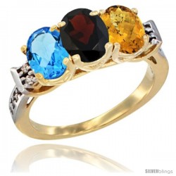 10K Yellow Gold Natural Swiss Blue Topaz, Garnet & Whisky Quartz Ring 3-Stone Oval 7x5 mm Diamond Accent