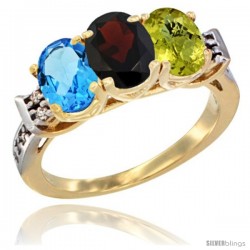 10K Yellow Gold Natural Swiss Blue Topaz, Garnet & Lemon Quartz Ring 3-Stone Oval 7x5 mm Diamond Accent