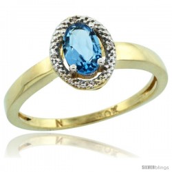 10k Yellow Gold Diamond Halo Blue Topaz Ring 0.75 Carat Oval Shape 6X4 mm, 3/8 in (9mm) wide