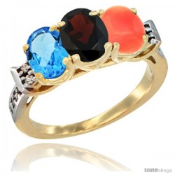 10K Yellow Gold Natural Swiss Blue Topaz, Garnet & Coral Ring 3-Stone Oval 7x5 mm Diamond Accent