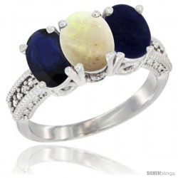 10K White Gold Natural Blue Sapphire, Opal & Lapis Ring 3-Stone Oval 7x5 mm Diamond Accent