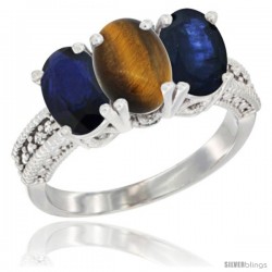 10K White Gold Natural Tiger Eye & Blue Sapphire Ring 3-Stone Oval 7x5 mm Diamond Accent