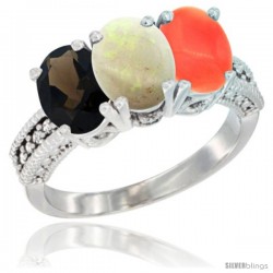 10K White Gold Natural Smoky Topaz, Opal & Coral Ring 3-Stone Oval 7x5 mm Diamond Accent