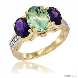 14K Yellow Gold Ladies 3-Stone Oval Natural Green Amethyst Ring with Amethyst Sides Diamond Accent