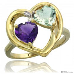 14k Yellow Gold 2-Stone Heart Ring 6mm Natural Amethyst & Green Amethyst Diamond Accent