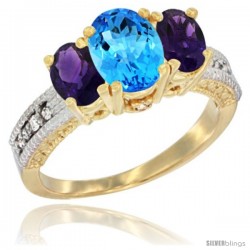 14k Yellow Gold Ladies Oval Natural Swiss Blue Topaz 3-Stone Ring with Amethyst Sides Diamond Accent