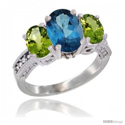 14K White Gold Ladies 3-Stone Oval Natural London Blue Topaz Ring with Peridot Sides Diamond Accent