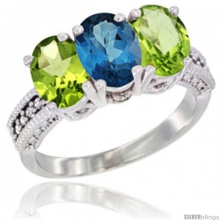 14K White Gold Natural London Blue Topaz & Peridot Sides Ring 3-Stone 7x5 mm Oval Diamond Accent