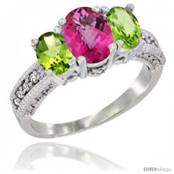 14k White Gold Ladies Oval Natural Pink Topaz 3-Stone Ring with Peridot Sides Diamond Accent