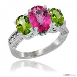 14K White Gold Ladies 3-Stone Oval Natural Pink Topaz Ring with Peridot Sides Diamond Accent