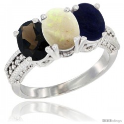 10K White Gold Natural Smoky Topaz, Opal & Lapis Ring 3-Stone Oval 7x5 mm Diamond Accent