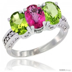 14K White Gold Natural Pink Topaz & Peridot Sides Ring 3-Stone 7x5 mm Oval Diamond Accent