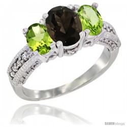 14k White Gold Ladies Oval Natural Smoky Topaz 3-Stone Ring with Peridot Sides Diamond Accent