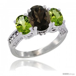 14K White Gold Ladies 3-Stone Oval Natural Smoky Topaz Ring with Peridot Sides Diamond Accent