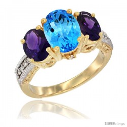 14K Yellow Gold Ladies 3-Stone Oval Natural Swiss Blue Topaz Ring with Amethyst Sides Diamond Accent