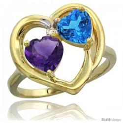 14k Yellow Gold 2-Stone Heart Ring 6mm Natural Amethyst & Swiss Blue Topaz Diamond Accent