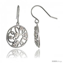 Sterling Silver Round Filigree Dangle Earrings w/ Brilliant Cut CZ Stones, 3/4" (19 mm) tall